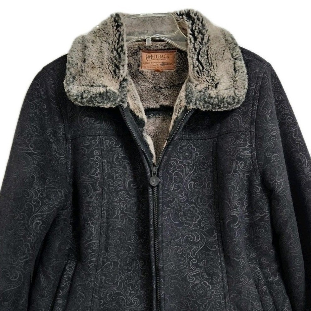 Outback Trading Co Jacket Womens Med Black Tooled Faux Fur Lined Floral Paisley